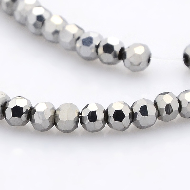 PandaHall Full Plated Glass Faceted Round Spacer Beads Strands, Silver Plated, 3mm, Hole: 1mm; about 100pcs/strand, 11.5" Glass Round