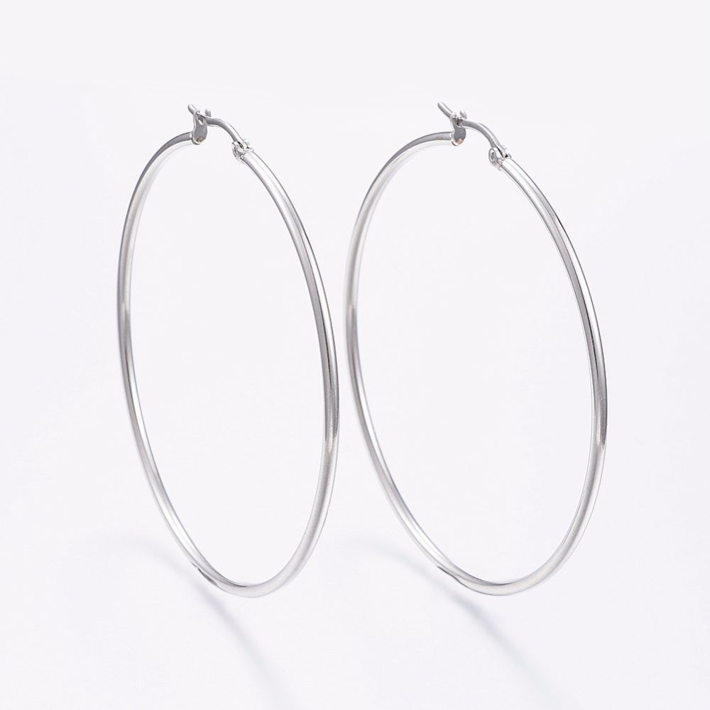 PandaHall 304 Stainless Steel Hoop Earrings, Stainless Steel Color, 64~66x2mm; pin: 0.7x1mm Stainless Steel