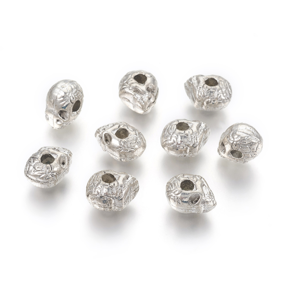 PandaHall Tibetan Style Beads, Lead Free, Skull, Antique Silver Color, Size: about 10mm long, 9mm wide, 8mm thick, hole: 1mm Alloy Skull