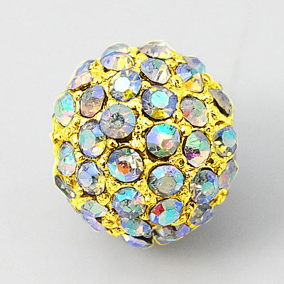 PandaHall Alloy Rhinestone Beads, Grade A, Round, Golden Metal Color, Crystal AB, 10mm Alloy+Rhinestone Round