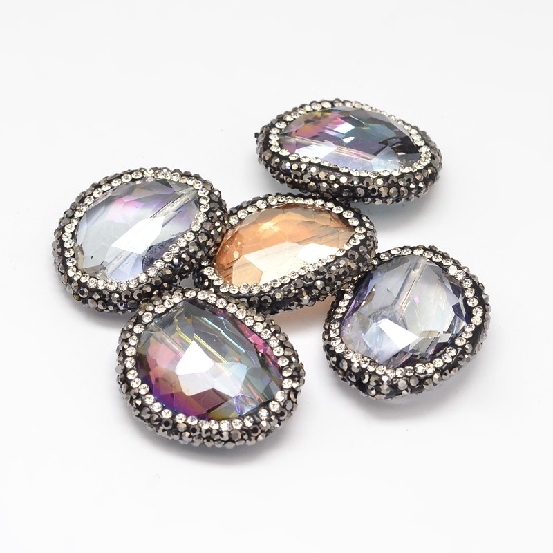 PandaHall Faceted Glass Polymer Clay Rhinestone Oval Beads, Colorful, 24~27x29~31x10~12mm, Hole: 1mm Glass Oval