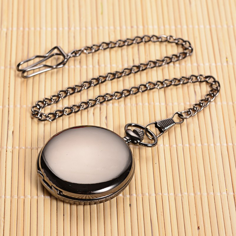 PandaHall Openable Flat Round Alloy Pendant Pocket Watch, Quartz Watches, with Iron Chain, Gunmetal, 355mm; Watch Head: 59x47x14mm Alloy