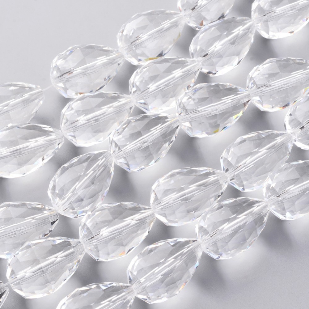 PandaHall Glass Bead Strands, Faceted, Drop, Clear, 25x18mm, Hole: 2mm; 8pcs/strand, 8"(21cm) Glass Drop Clear