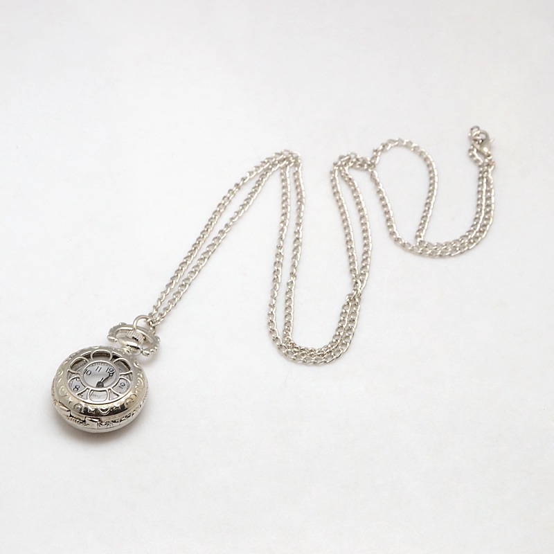 PandaHall Hollow Alloy Flat Round Pendant Necklace Quartz Pocket Watches, with Iron Twisted Chain and Lobster Clasps, Platinum, 31.5"; Watch...