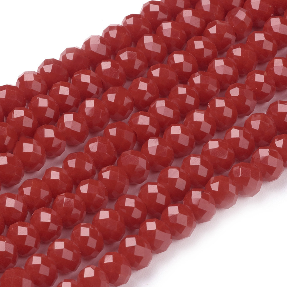 PandaHall Opaque Solid Color Faceted Glass Beads Strands, Rondelle, Red, 6x4mm, Hole: 1mm; about 101pcs/strand, 18.5" Glass Rondelle Red