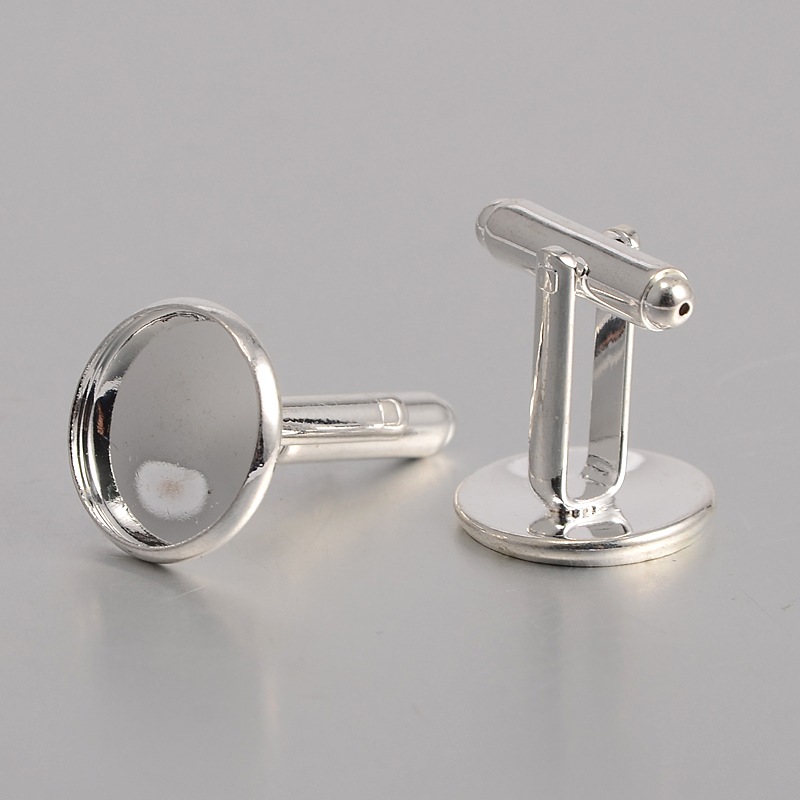 PandaHall Brass Cuff Button, Cufflink Finding Cabochon Settings for Apparel Accessories, Silver, 25x16mm, Tray: 14mm Brass Flat Round Silver