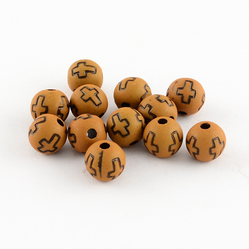 PandaHall Imitation Wood Acrylic Beads, Round with Cross, Peru, 8mm, Hole: 2mm; about 1800pcs/500g Acrylic Round Brown