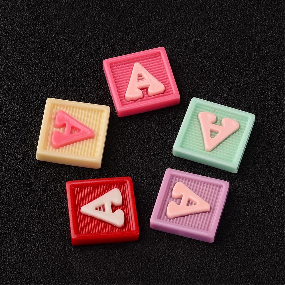 PandaHall Resin Cabochons, Letter A, Square, Mixed Color, 17x17x3.5mm Resin Square Multicolor
