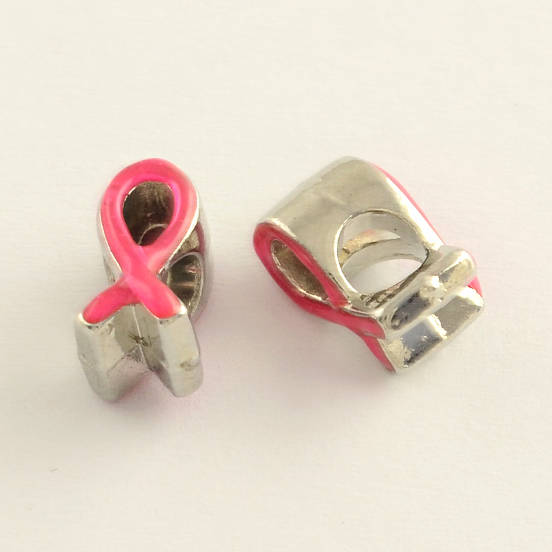 PandaHall Alloy Enamel European Beads, Nickel Free, Pink Awareness Ribbon for Cancer, Platinum, HotPink, 11x6x7mm, Hole: 4mm; about...