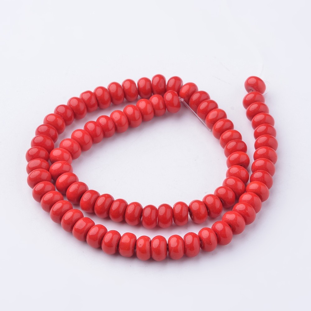 PandaHall Glass Beads Strands, Rondelle, Dyed, Cerise, 6x4mm, Hole: 1mm; about 71pcs/strand, 10.8" Glass Rondelle Red