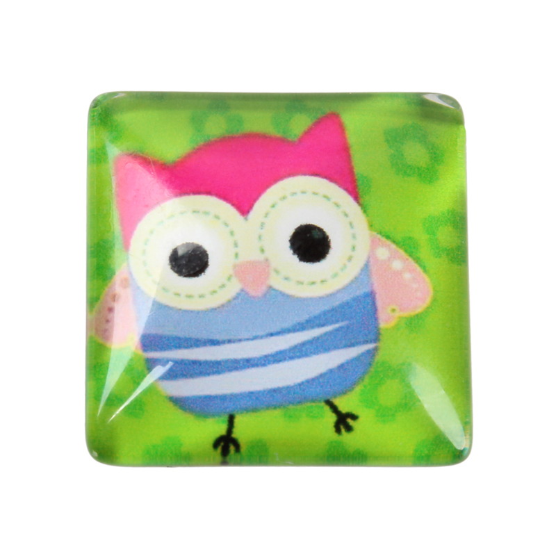 PandaHall Cartoon Owl Pattern Printed Glass Square Cabochons, YellowGreen, 15x15x5mm Glass Square Green