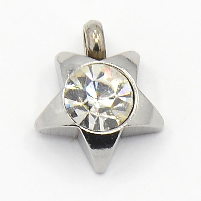 PandaHall 304 Stainless Steel Rhinestone Star Charm Pendants, Grade A, Faceted, Crystal, 9x8x3mm, Hole: 1mm Stainless Steel+Rhinestone Star