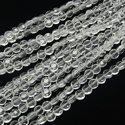PandaHall Glass Beads Strands, Faceted, Flat Round, Clear, 6x4mm, Hole: 1mm; about 72pcs/strand, 15.7" Glass Flat Round Clear