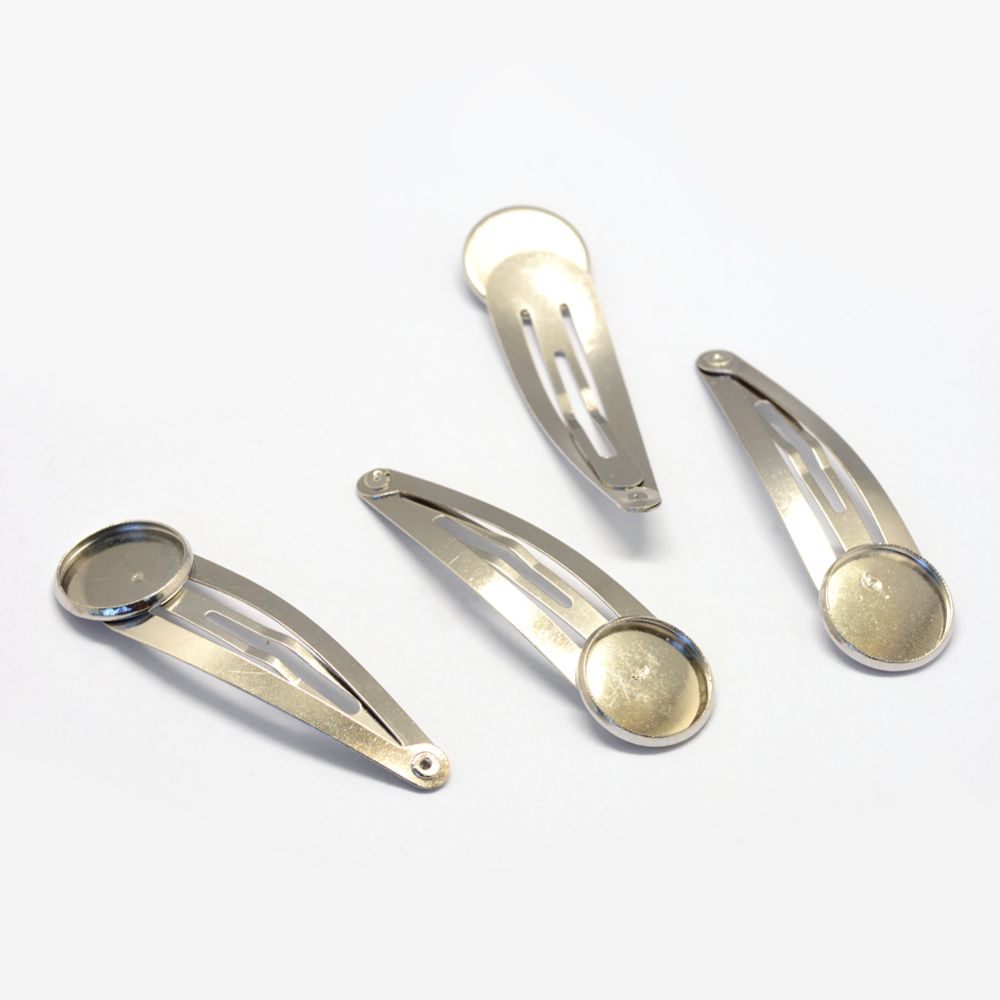 PandaHall Iron Snap Hair Clip Findings, Flat Round, Platinum, Tray: 14mm; 53x16mm Iron