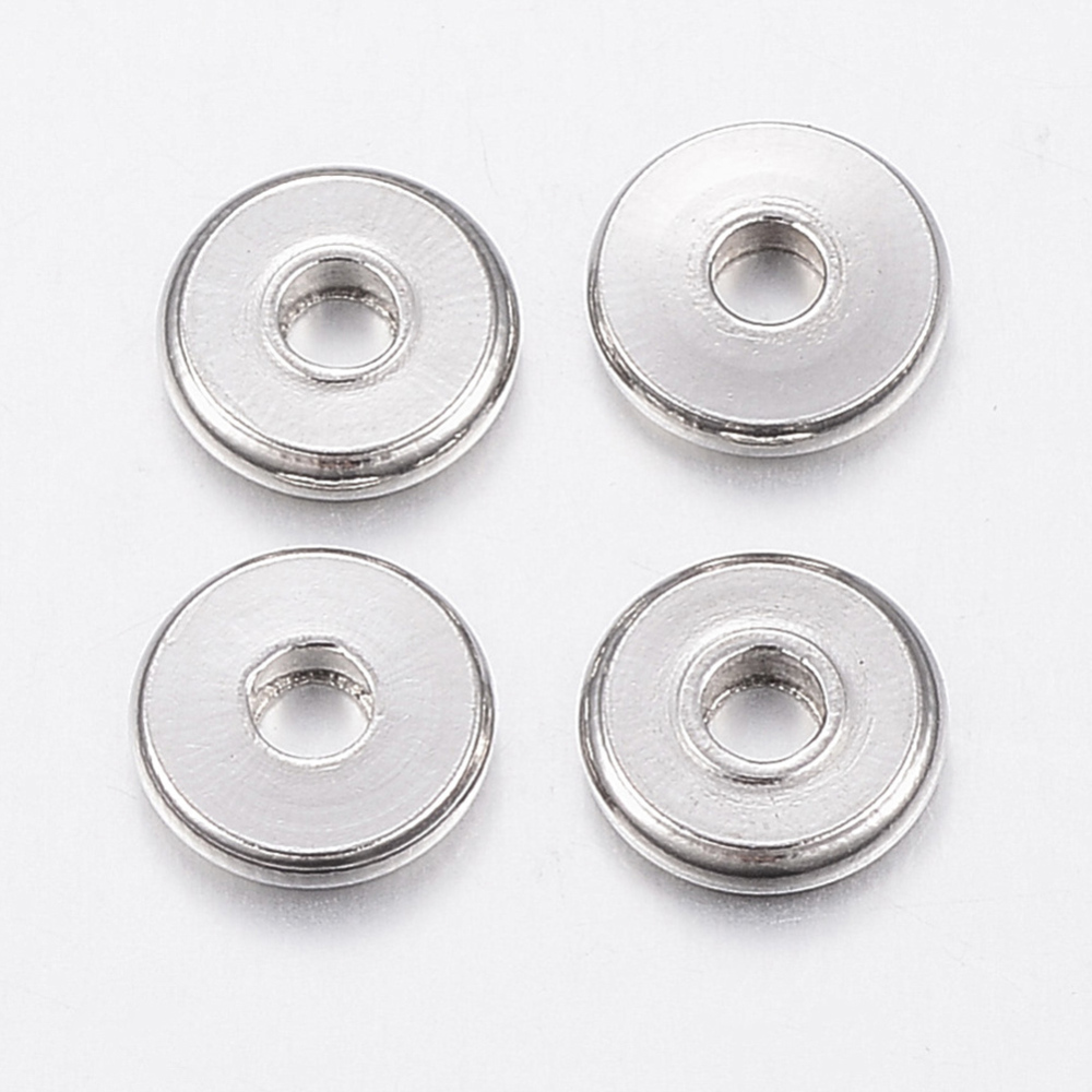PandaHall 304 Stainless Steel Beads, Flat Round, Stainless Steel Color, 6x1mm, Hole: 2mm Stainless Steel Flat Round