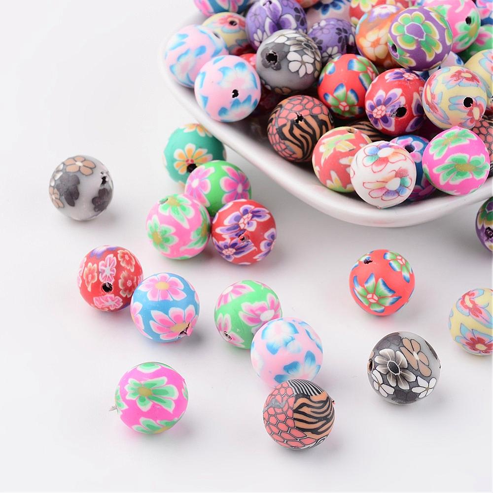 PandaHall Handmade Polymer Clay Beads, Round, Mixed Color, about 12mm in diameter, hole: 2mm Polymer Clay Round Multicolor