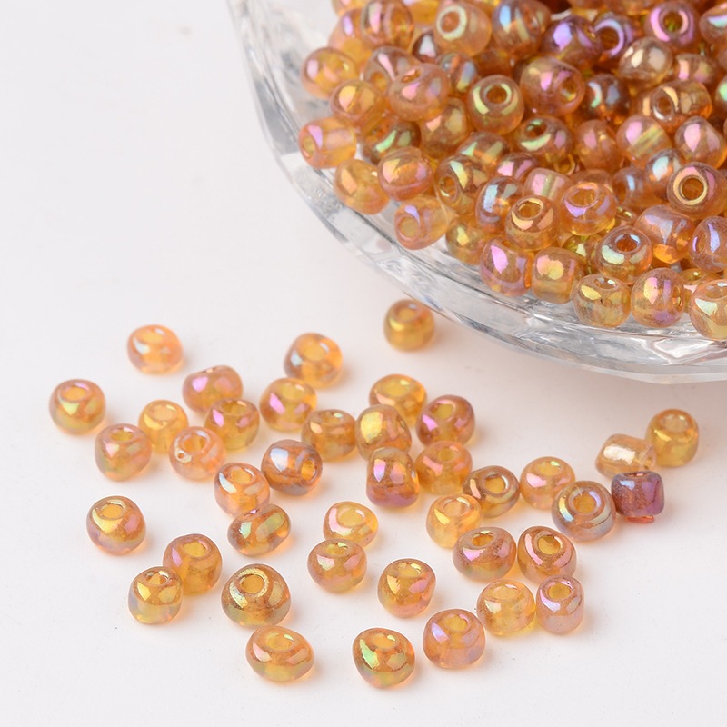 PandaHall 6/0 Transparent Rainbow Colours Round Glass Seed Beads, DarkGoldenrod, Size: about 4mm in diameter, hole:1.5mm, about 495pcs/50g...