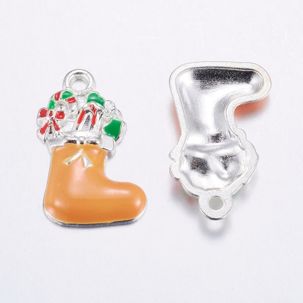 PandaHall Alloy Enamel Pendants, Christmas Stockings for Holiday Jewerly Making, Silver Metal Color, Orange, 23x14x2.5mm, Hole: 2mm...