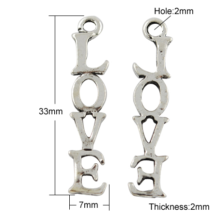 PandaHall Tibetan Style Pendants, Lead Free & Cadmium Free, Message Love, Antique Silver, 33x7x2mm, Hole: 2mm Alloy Word