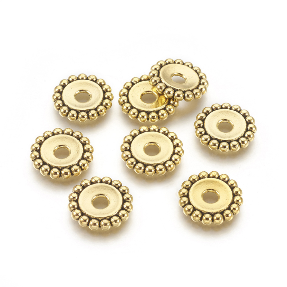 PandaHall Tibetan Silver Beads, Flower, Antique Golden, Lead Free and Cadmium Free and Nickel Free; 17.5x3mm, Hole: 4mm Alloy Flower