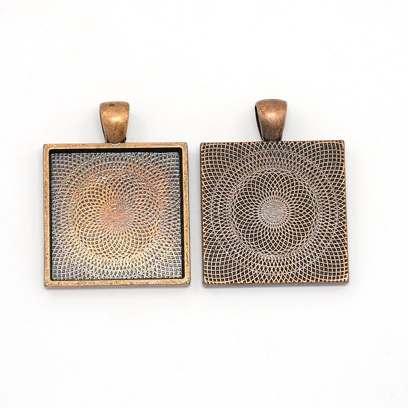 PandaHall Nickel Free Tibetan Style Alloy Pendant Cabochon Settings, Square, Red Copper, Tray: 25x25mm; 36x28x3mm, Hole: 4x6mm Alloy Square