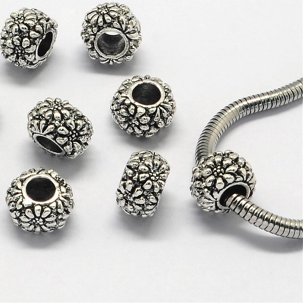 PandaHall Alloy European Beads, Large Hole Beads, Rondelle, Antique Silver, 11x7mm, Hole: 5mm Alloy Rondelle