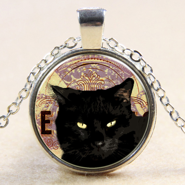 PandaHall Flat Round with Black Cat Glass Alloy Pendant Necklaces, Silver, 17.7" Glass