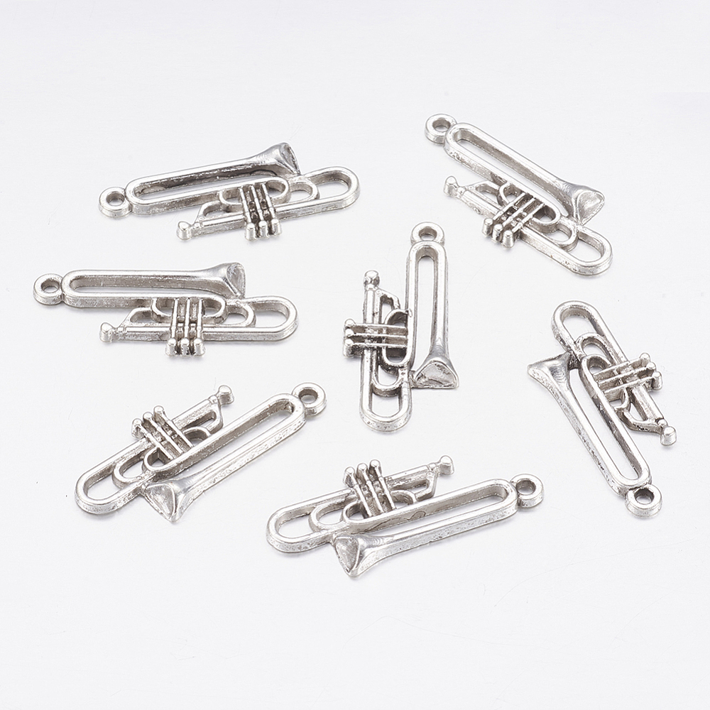 PandaHall Antique Silver Alloy Trumpet Pendants, Lead Free and Cadmium Free, 35x15x3.5mm, hole: 2mm Alloy Musical Instruments