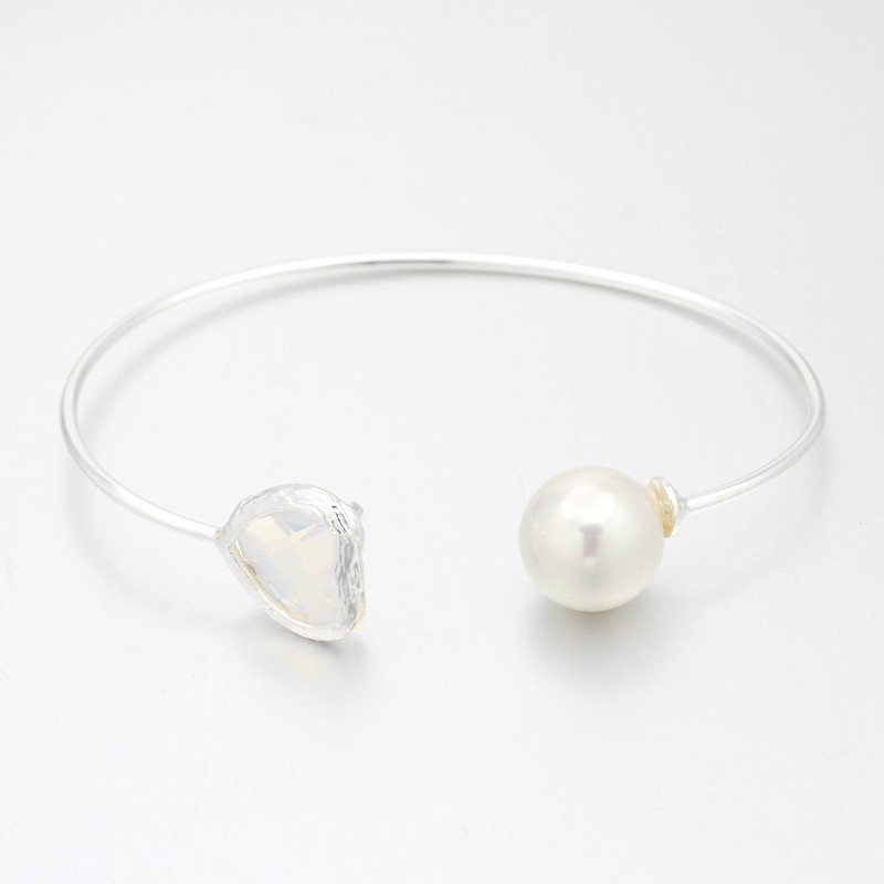 PandaHall Nickel Free Unfading Silver Plated Brass Glass Cuff Bangles, Torque Bangles, with Round Acrylic Pearl, WhiteSmoke, 50x64mm Glass...