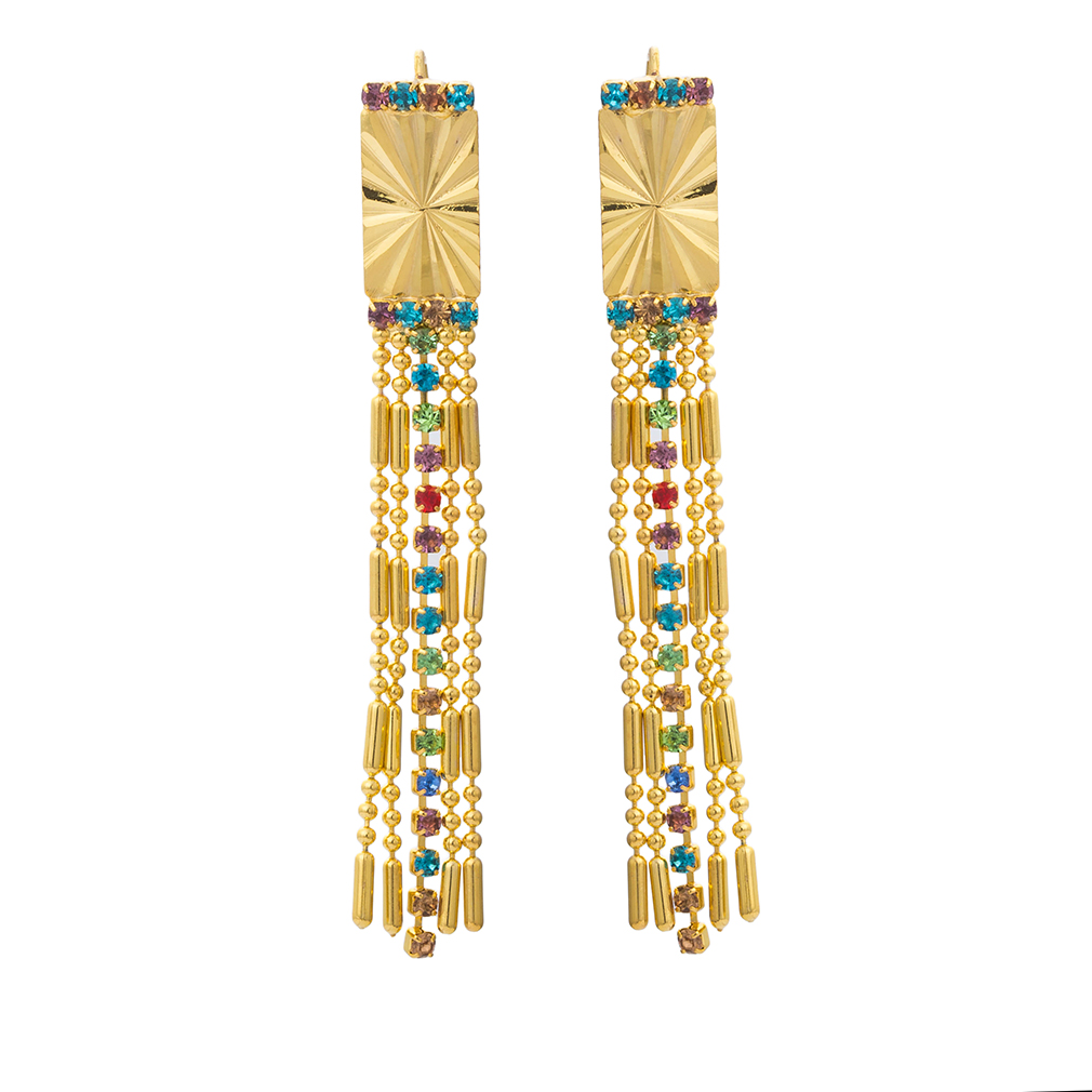 PandaHall 18K Gold Plated Simple Fashion Brass Rhinestone Tassel Earrings, 67x9mm Rhinestone