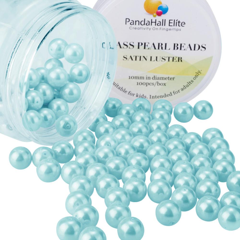 PandaHall Pearlized Glass Pearl Round Beads, Dyed, Cyan, 10mm, Hole: 0.7~1.1mm; about 100pcs/box Glass Round Cyan