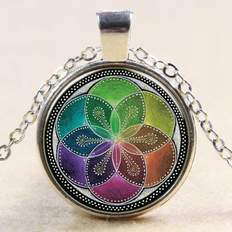 PandaHall Flat Round with Flower of Life Glass Alloy Pendant Necklaces, Silver, 17.7" Glass