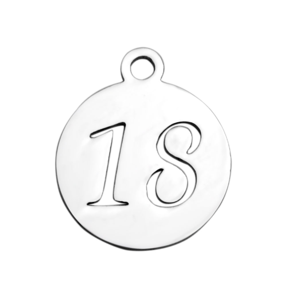 PandaHall 304 Stainless Steel Charms, Flat Round with Number 18, Stainless Steel Color, 14x12x1mm, Hole: 1.5mm Stainless Steel Flat Round