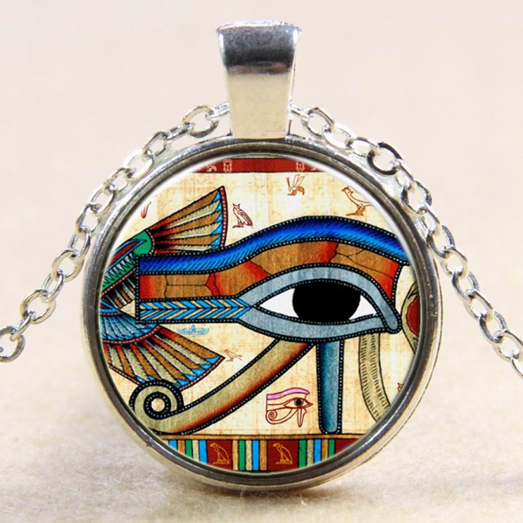 PandaHall Egyptian Eye of Horus Pattern Flat Round Glass Pendant Necklaces, with Alloy Chains, Silver, 18" Alloy