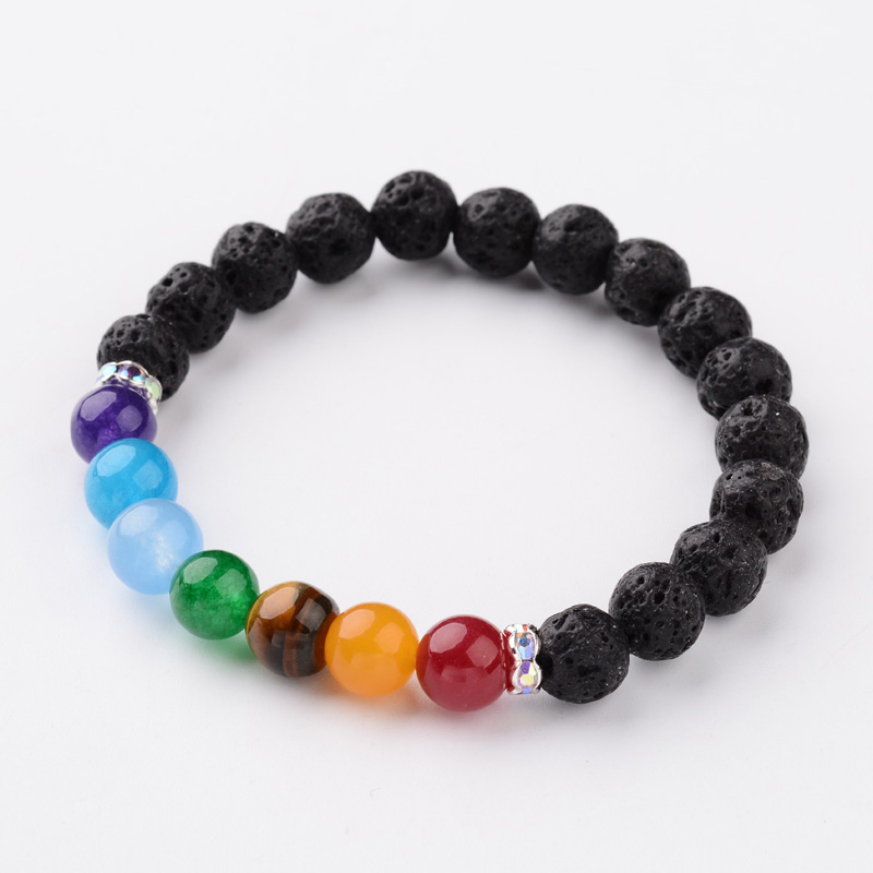 PandaHall Natural Agate Beads Stretch Bracelets, with Platinum Tone Alloy Rhinestone Bead Spacers & Lava Beads, 53mm Lava