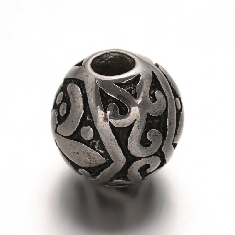 PandaHall Retro Round with Fleur De Lis 304 Stainless Steel Beads, Antique Silver, 12mm, Hole: 3mm Stainless Steel Round