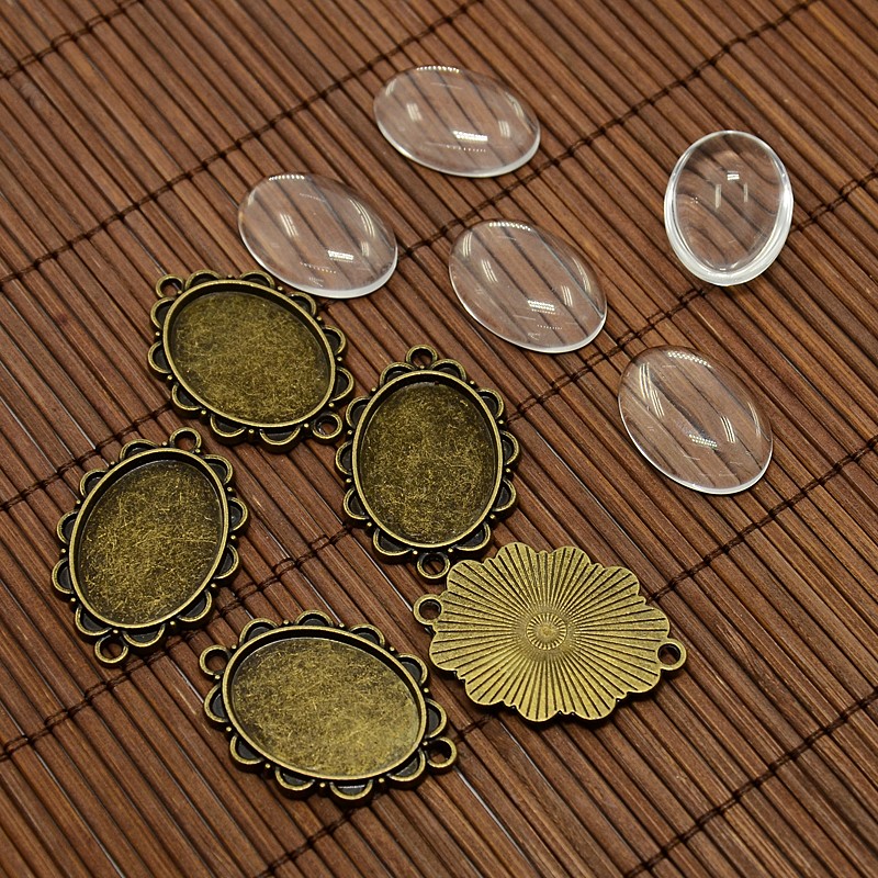 PandaHall 25x18mm Oval Dome Clear Glass Cover and Antique Bronze Alloy Cabochon Connector Settings Sets, Nickel Free, Settings: 36x25x2mm...