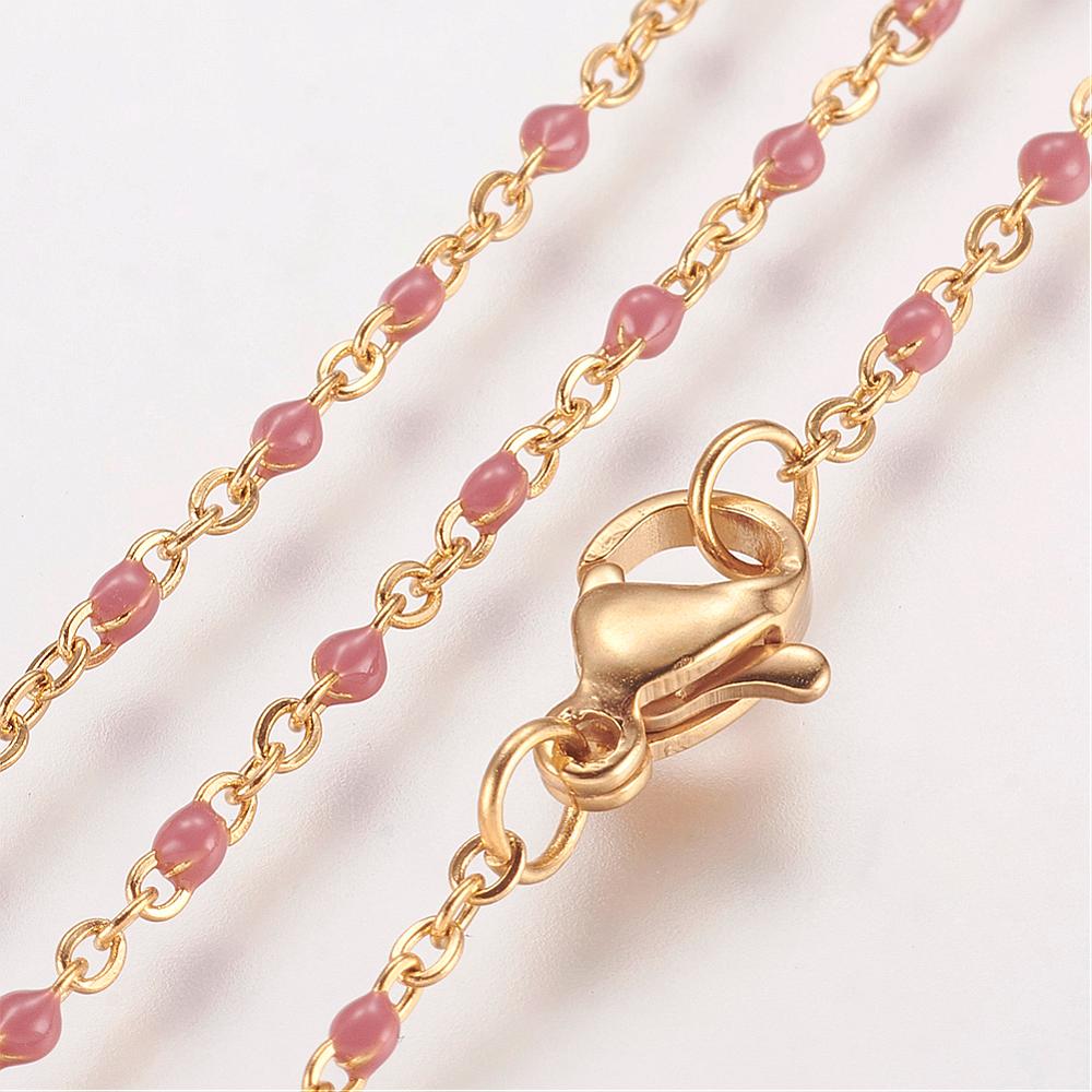 PandaHall 304 Stainless Steel Chain Necklaces, with Enamel Links, Golden, PaleVioletRed, 17.91"(45.5cm); 1.5~2mm Stainless Steel Pink