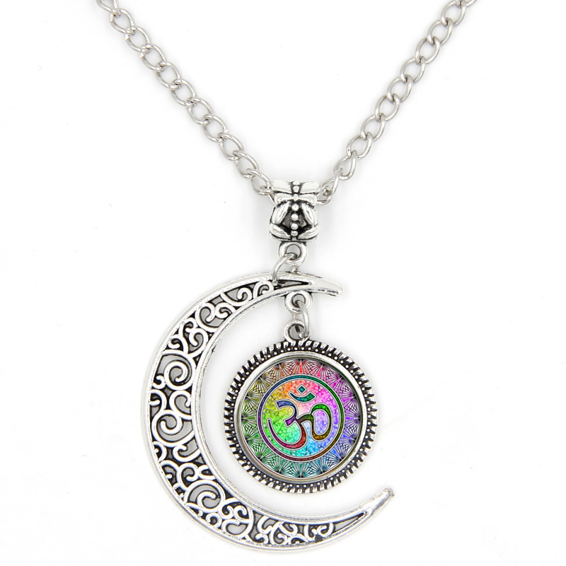 PandaHall Picture Glass Pendant Necklaces, with Alloy Chains, Moon & Flat Round, Ohm, Antique Silver, 18.5"(47cm) Glass