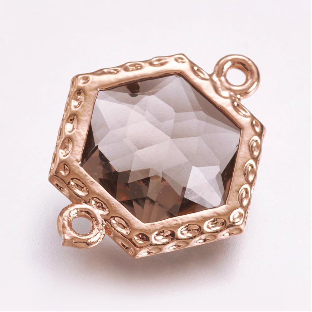 PandaHall Faceted Glass Links, with Brass Finding, Hexagon, Light Gold, Coffee, 18x14.5x5mm, Hole: 1mm Glass Hexagon Brown
