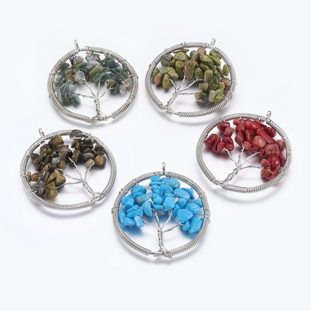 PandaHall Tree of Life Wire Wrap Pendants, Bass Findings with Gemstone Chips, Quartz, Flat Round, Mixed Color, about 48mm wide, 56mm long...