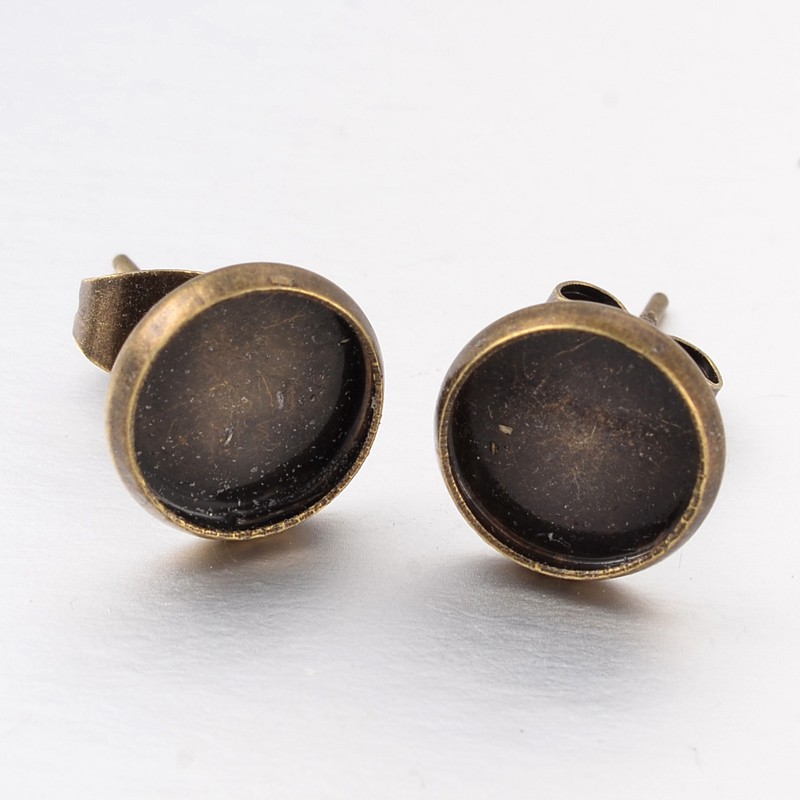 PandaHall Flat Round Brass Stud Earring Cabochon Settings, Antique Bronze, Tray: 7.5mm; 14x10mm, Pin: 0.7mm Brass
