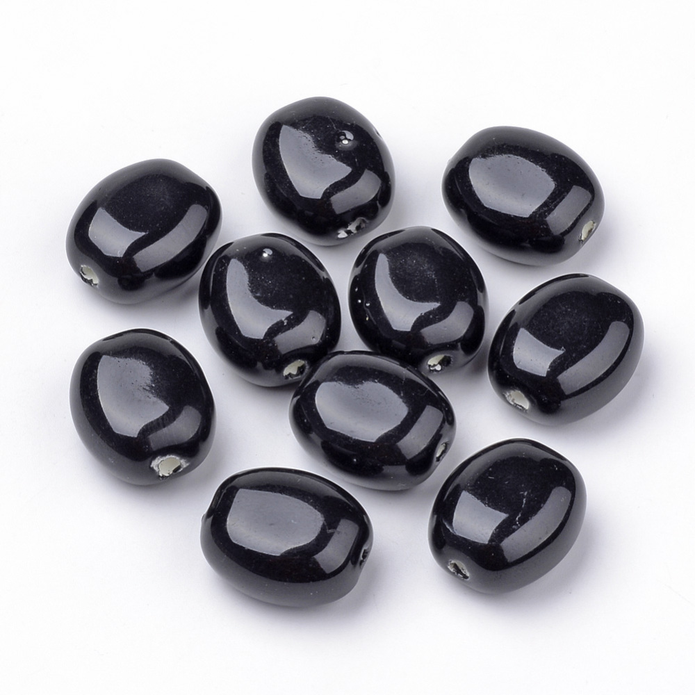 PandaHall Handmade Bright Glazed Porcelain Beads, Oval, Black, 19~20x16~17x10~11mm, Hole: 2~2.5mm Porcelain Oval Black