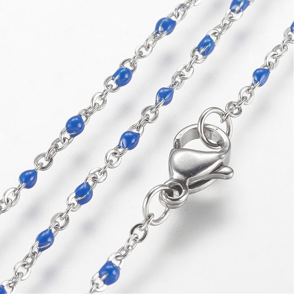 PandaHall 304 Stainless Steel Chain Necklaces, with Enamel Links, Platinum, DodgerBlue, 17.91"(45.5cm); 1.5~2mm Stainless Steel Blue