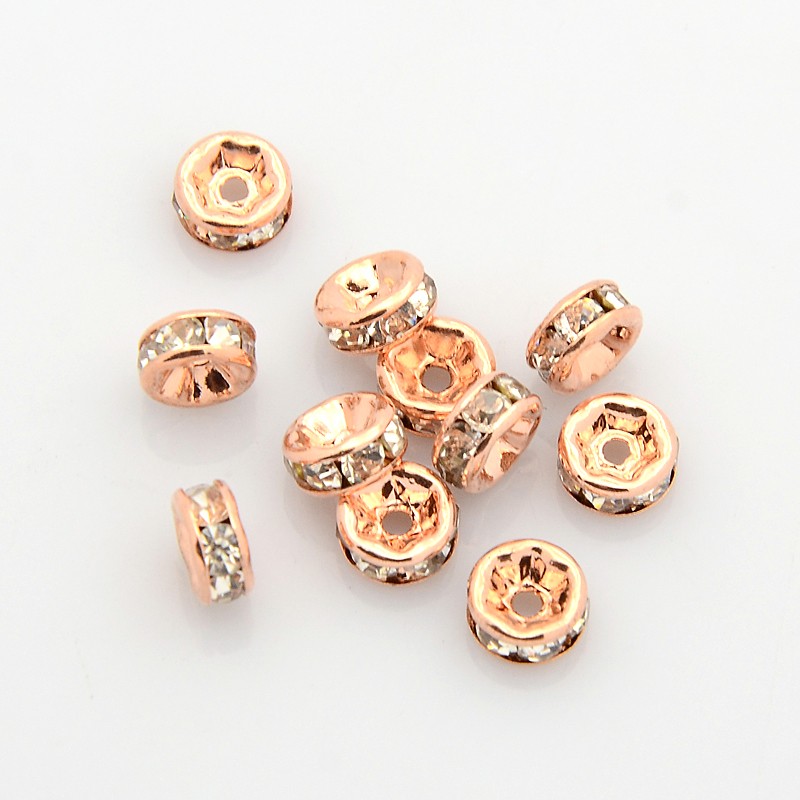PandaHall Brass Rhinestone Spacer Beads, Grade AAA, Straight Flange, Nickel Free, Rose Gold Metal Color, Rondelle, Crystal, 6x3mm, Hole: 1mm...