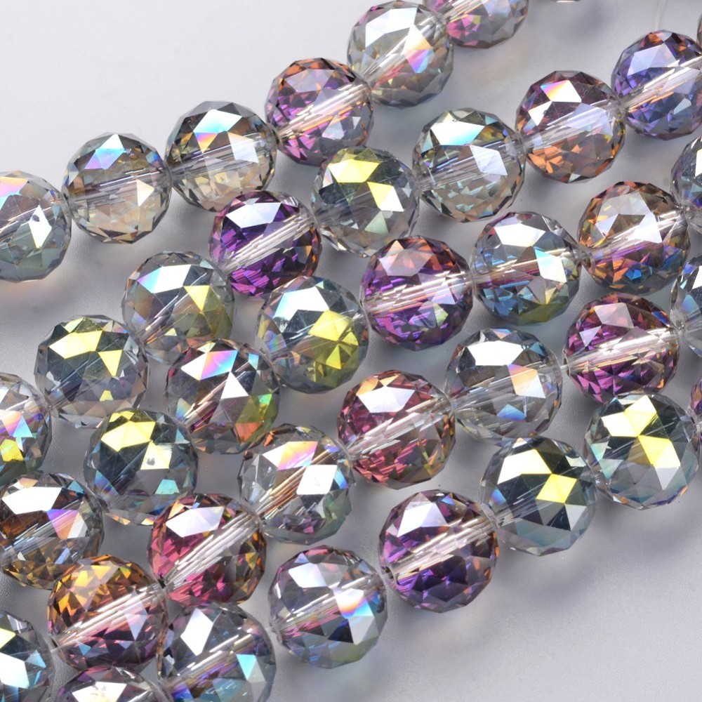 PandaHall Electroplate Glass Bead Strands, Half Plated, Faceted, Round, Green Plated, 15.5mm, Hole: 2mm; about 15pcs/strand, 8.6"(22cm)...