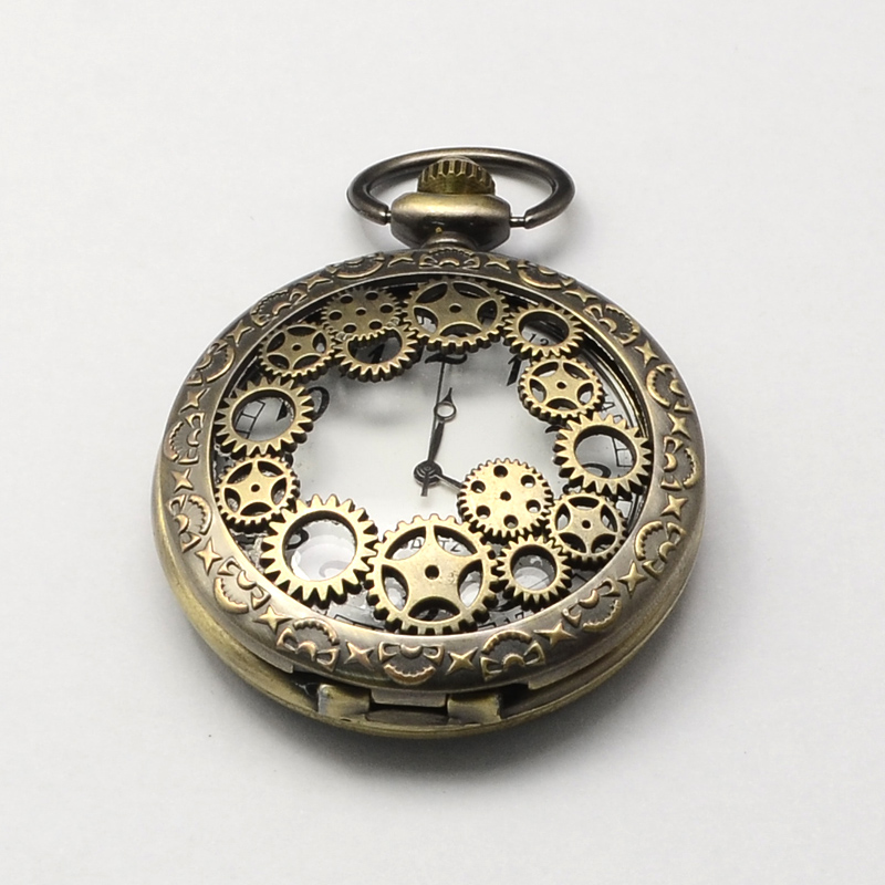 PandaHall Vintage Hollow Zinc Alloy Quartz Watch Heads for Pocket Watch Pendant Necklace Making, Flat Round with Gears, Antique Bronze...
