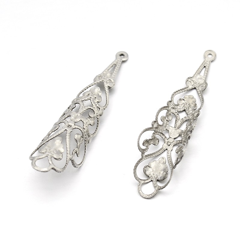 PandaHall Original Color 304 Stainless Steel Curly Filigree Pendants, Stainless Steel Color, 41x11mm, Hole: 1mm Stainless Steel Others