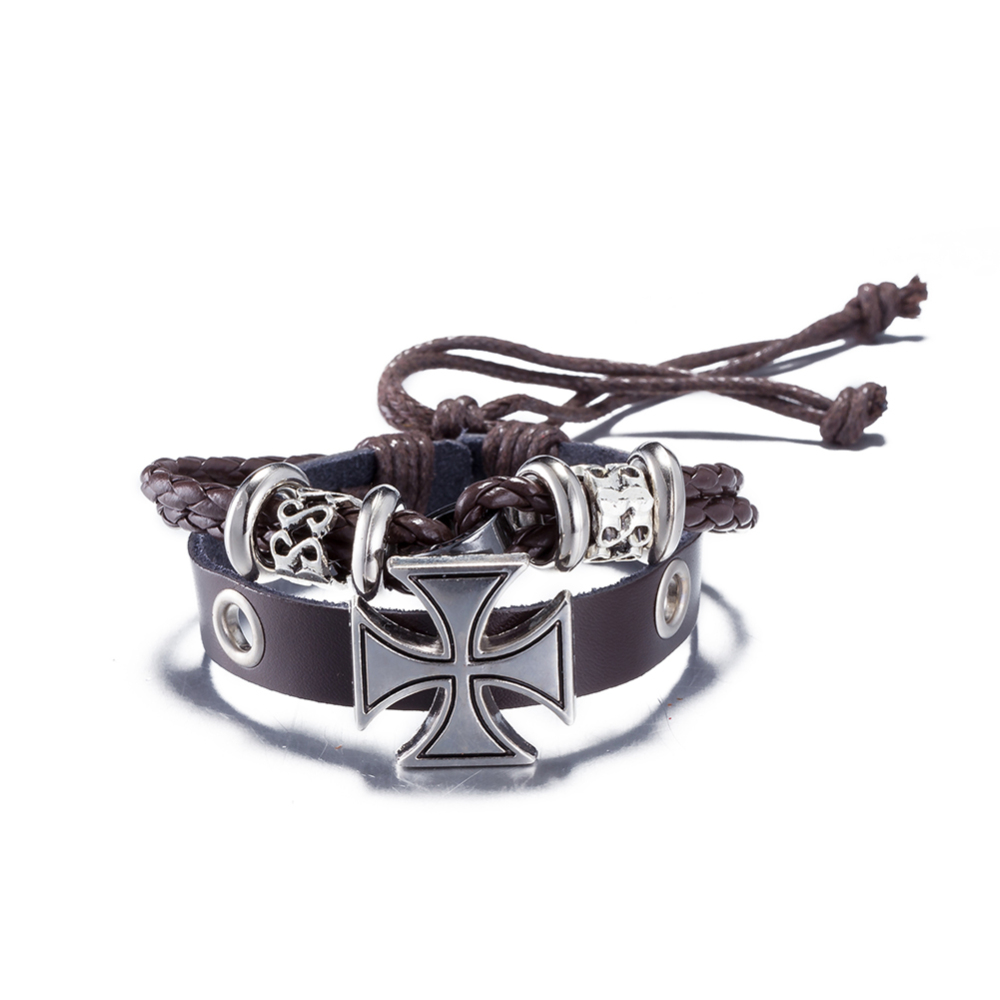 PandaHall Adjustable Casual Unisex Braided Leather Multi-strand Bracelets, with Maltese Cross Zinc Alloy, CoconutBrown, Antique Silver...