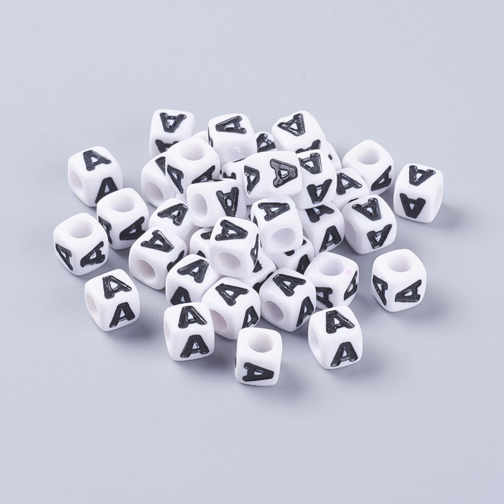 PandaHall Chunky Letter A Acrylic Cube Beads for Kids Jewelry, Size: about 7mm wide, 7mm long, 7mm high, hole: 3.5mm Acrylic Cube White